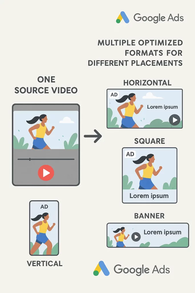 Creative transformation showing one source video becoming multiple optimized formats for different placements.